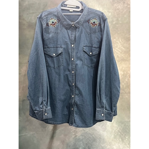 Coldwater Creek Tops - Coldwater Creek Womens Plus 20-22 Denim Western Shirt Embroidered Southwest Blue